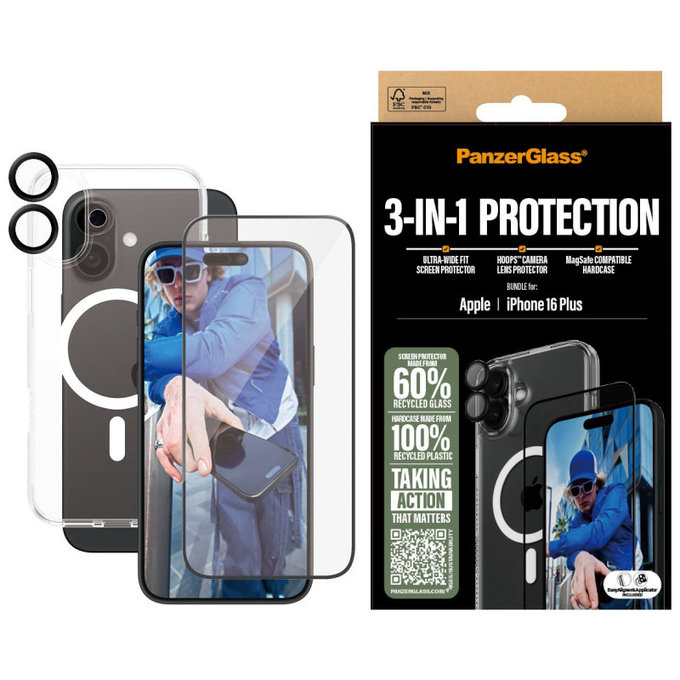 Bundle Hoops + Szkło hartowane UWF + Hard Case do iPhone 16 Plus, PanzerGlass
