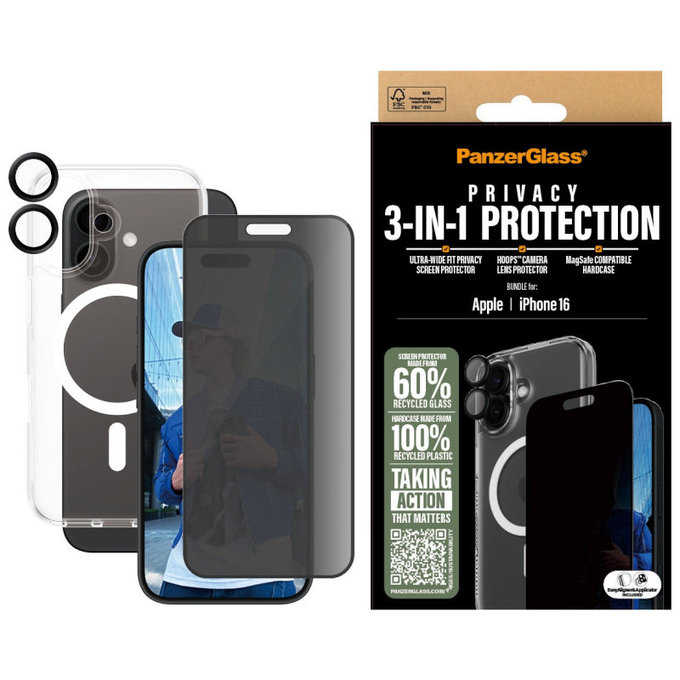 Bundle Hoops + Szkło hartowane UWF Privacy + Hard Case do iPhone 16, PanzerGlass