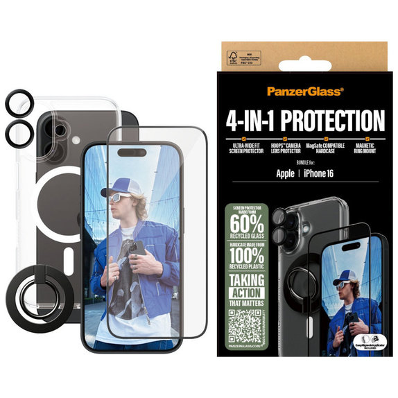 Bundle Hoops + Szkło hartowane UWF + Hard Case + Magnetic Ring Mount do iPhone 16, PanzerGlass