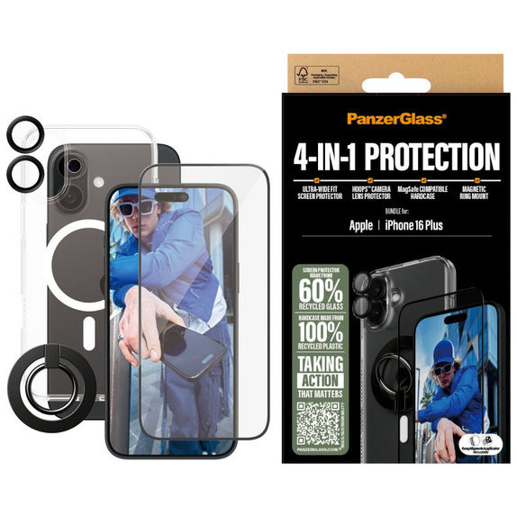 Bundle Hoops + Szkło hartowane UWF + Hard Case + Magnetic Ring Mount do iPhone 16 Plus, PanzerGlass