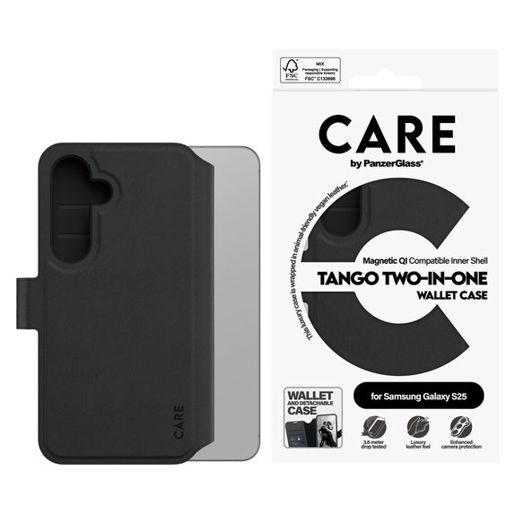 Etui Wallet Tango Two-In-One z QI do Samsung Galaxy S25, Czarne, PanzerGlass