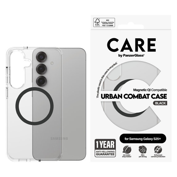 Etui Urban Combat z czarnym QI do Samsung Galaxy S25+, Przezroczyste, PanzerGlass