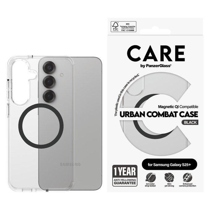 Etui Urban Combat z czarnym QI do Samsung Galaxy S25+, Przezroczyste, PanzerGlass