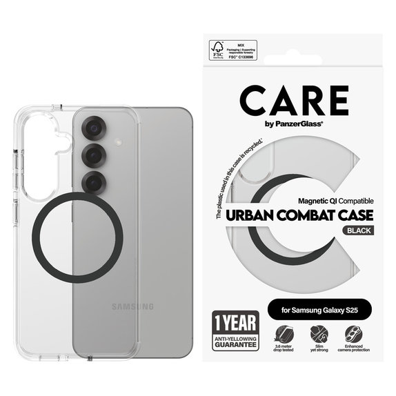 Etui Urban Combat z czarnym QI do Samsung Galaxy S25, Przezroczyste, PanzerGlass