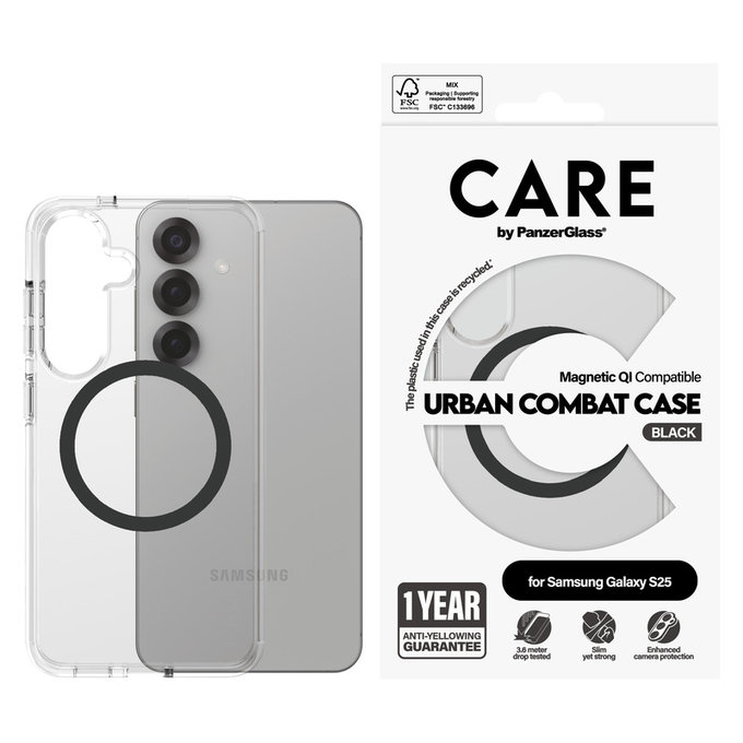 Etui Urban Combat z czarnym QI do Samsung Galaxy S25, Przezroczyste, PanzerGlass