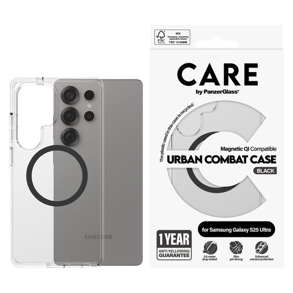 Etui Urban Combat z czarnym QI do Samsung Galaxy S25 Ultra, Przezroczyste, PanzerGlass