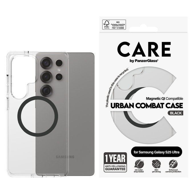 Etui Urban Combat z czarnym QI do Samsung Galaxy S25 Ultra, Przezroczyste, PanzerGlass