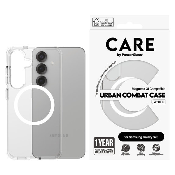 Etui Urban Combat z białym QI do Samsung Galaxy S25, Przezroczyste, PanzerGlass