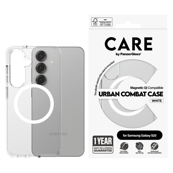 Etui Urban Combat z białym QI do Samsung Galaxy S25, Przezroczyste, PanzerGlass