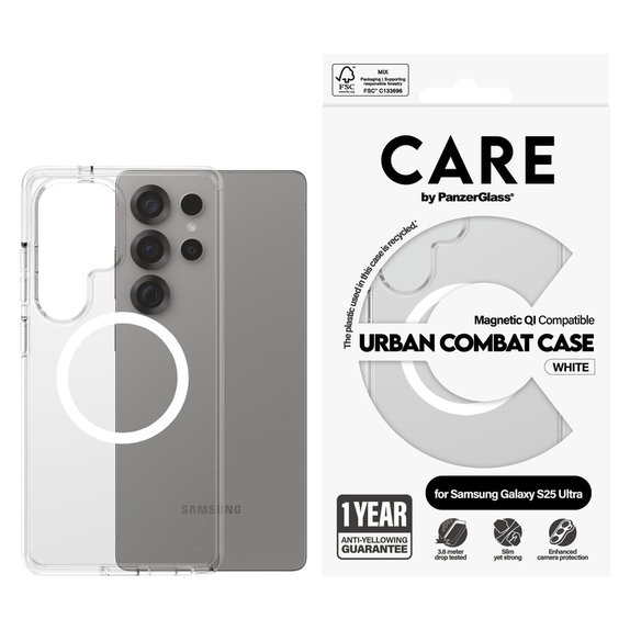 Etui Urban Combat z białym QI do Samsung Galaxy S25 Ultra, Przezroczyste, PanzerGlass