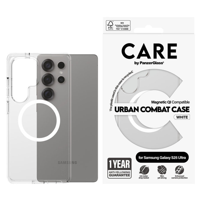 Etui Urban Combat z białym QI do Samsung Galaxy S25 Ultra, Przezroczyste, PanzerGlass