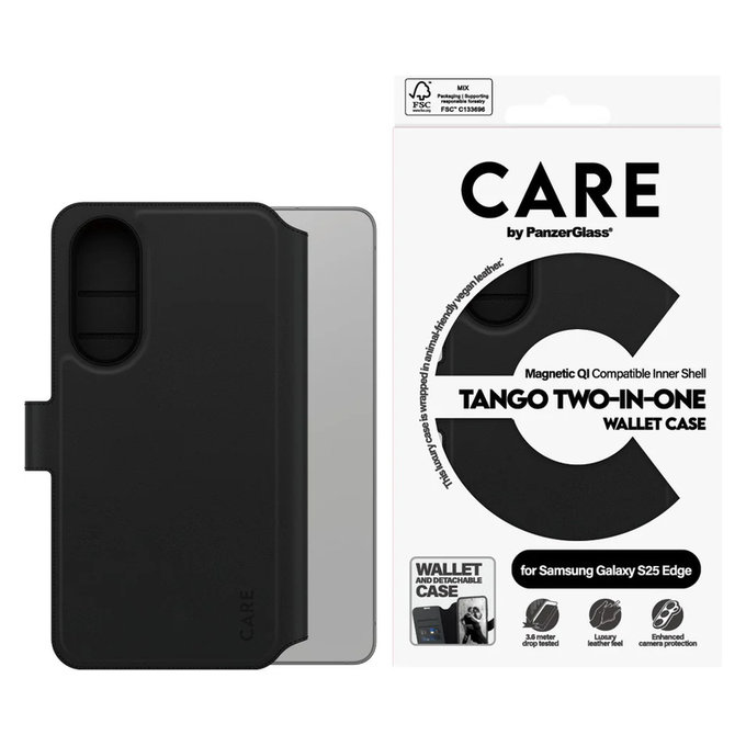 Etui Wallet Tango Two-In-One z QI do Samsung Galaxy S25 Edge, Czarne, PanzerGlass