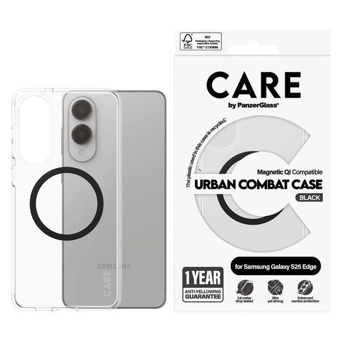 Etui Urban Combat z czarnym QI do Samsung Galaxy S25 Edge, Przezroczyste, PanzerGlass