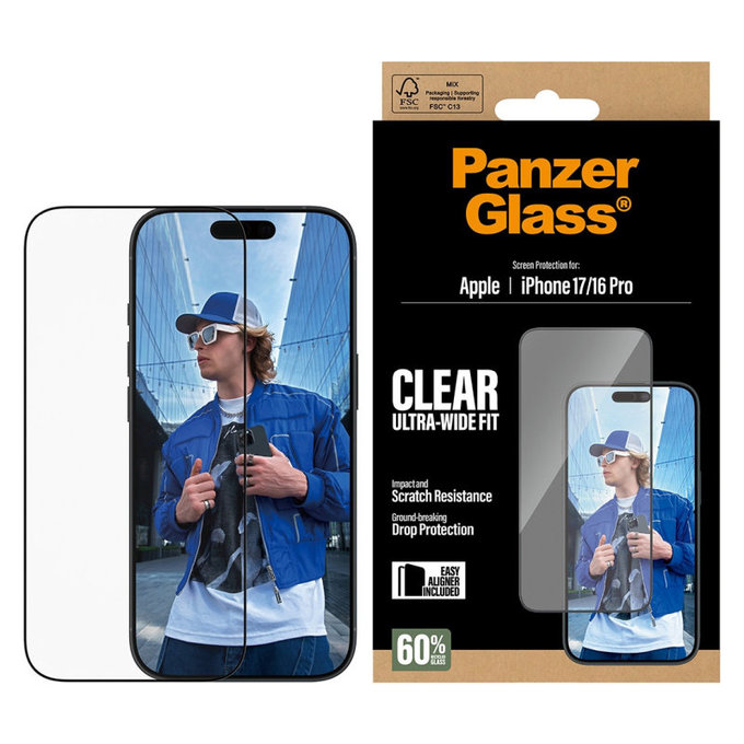 Szkło hartowane UWF z aplikatorem do iPhone 17/16 Pro, Czarne, PanzerGlass