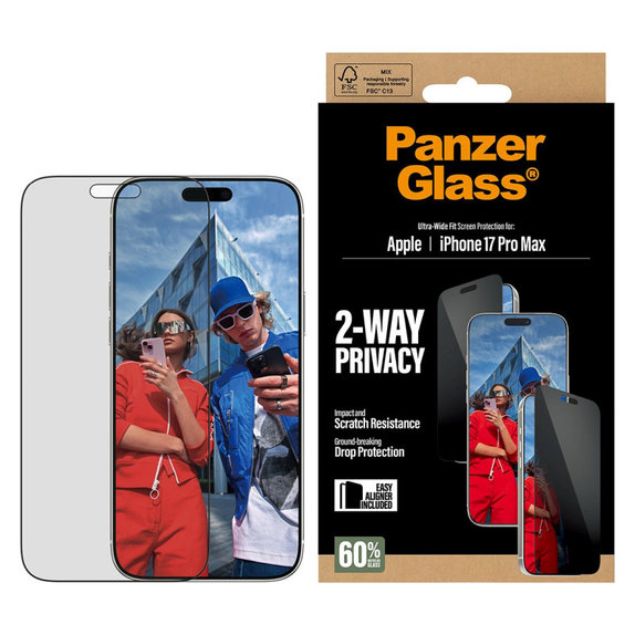 Szkło hartowane UWF 2-Way Privacy z Fastfit do iPhone 17 Pro Max, Czarne, PanzerGlass