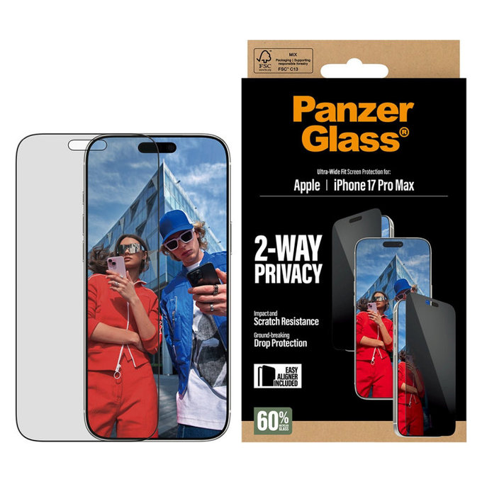 Szkło hartowane UWF 2-Way Privacy z Fastfit do iPhone 17 Pro Max, Czarne, PanzerGlass