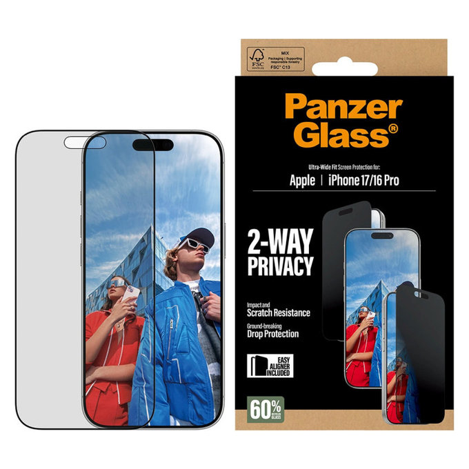 Szkło hartowane UWF 2-Way Privacy z Fastfit do iPhone 17/16 Pro, Czarne, PanzerGlass