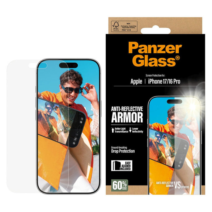 Szkło hartowane Anti-Reflective z aplikatorem do iPhone 17/16 Pro, Czarne, PanzerGlass