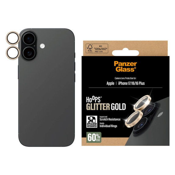 Osłona obiektywu aparatu Hoops do iPhone 17/16 Plus/16, Glitter Gold, PanzerGlass