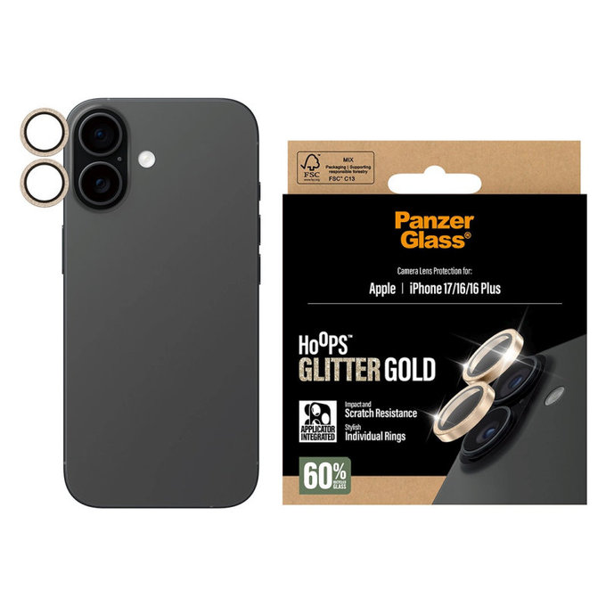 Osłona obiektywu aparatu Hoops do iPhone 17/16 Plus/16, Glitter Gold, PanzerGlass