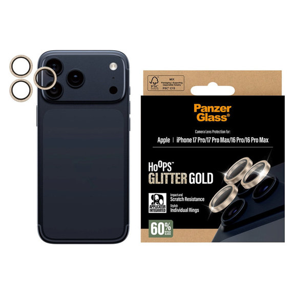 Osłona obiektywu aparatu Hoops do iPhone 17 Pro Max/17 Pro/16 Pro Max/16 Pro, Glitter Gold, PanzerGlass