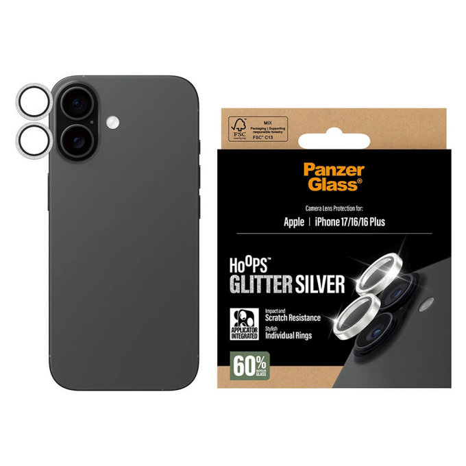 Osłona obiektywu aparatu Hoops do iPhone 17/16 Plus/16, Glitter Silver, PanzerGlass