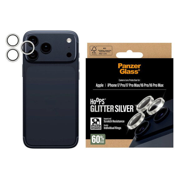 Osłona obiektywu aparatu Hoops do iPhone 17 Pro Max/17 Pro/16 Pro Max/16 Pro, Glitter Silver, PanzerGlass