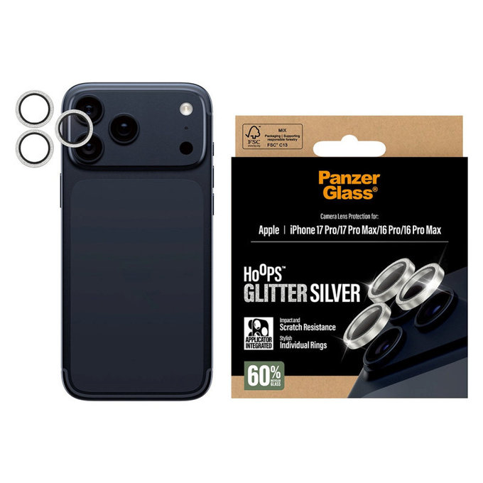 Osłona obiektywu aparatu Hoops do iPhone 17 Pro Max/17 Pro/16 Pro Max/16 Pro, Glitter Silver, PanzerGlass