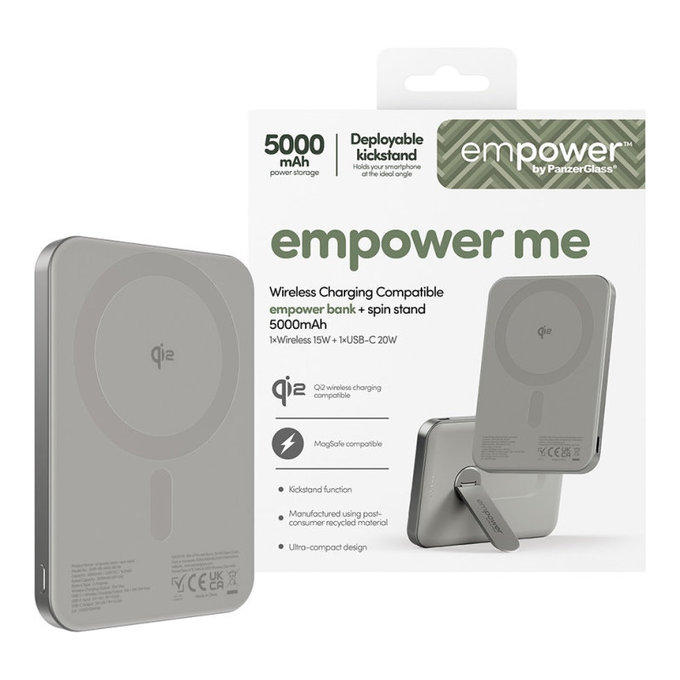 Bezprzewodowy PowerBank 5000 mAh, z obrotową podstawką 20 W, kompatybilny z MagSafe, Qi2/USB-C, Tytanowy, empower