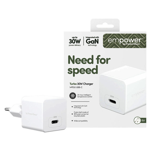 Adapter podróżny Grand Prix USB-C, GaN, 30 W PD, srebrno-biały, PanzerGlass