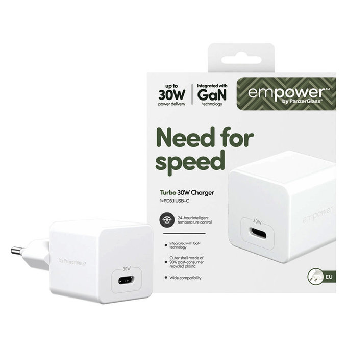 Adapter podróżny Grand Prix USB-C, GaN, 30 W PD, srebrno-biały, PanzerGlass