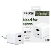 Adapter podróżny Grand Prix USB-C/USB-A, GaN, 35 W PD, srebrno-biały, empower