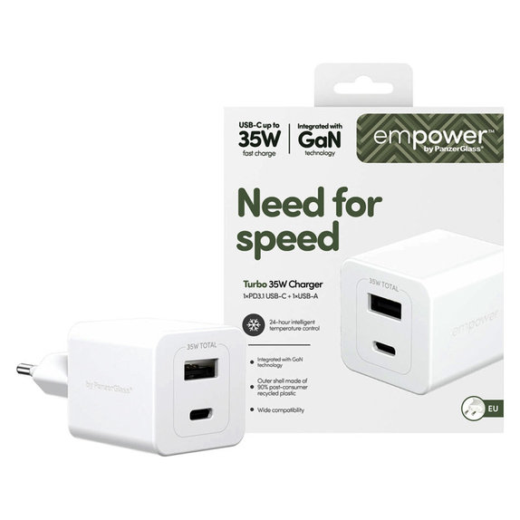 Adapter podróżny Grand Prix USB-C/USB-A, GaN, 35 W PD, srebrno-biały, PanzerGlass