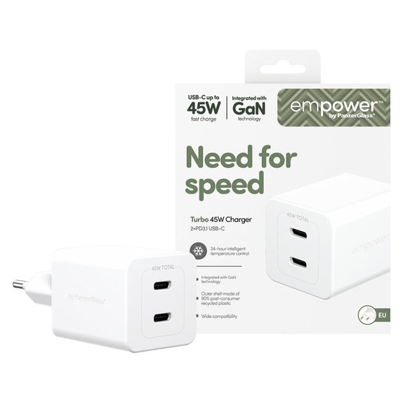 Adapter podróżny Grand Prix 2x USB-C, GaN, 45 W PD, Srebrno-biały, PanzerGlass