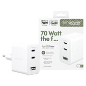 Adapter podróżny Grand Prix 2x USB-C/USB-A, GaN, 70 W PD, Srebrno-biały, PanzerGlass