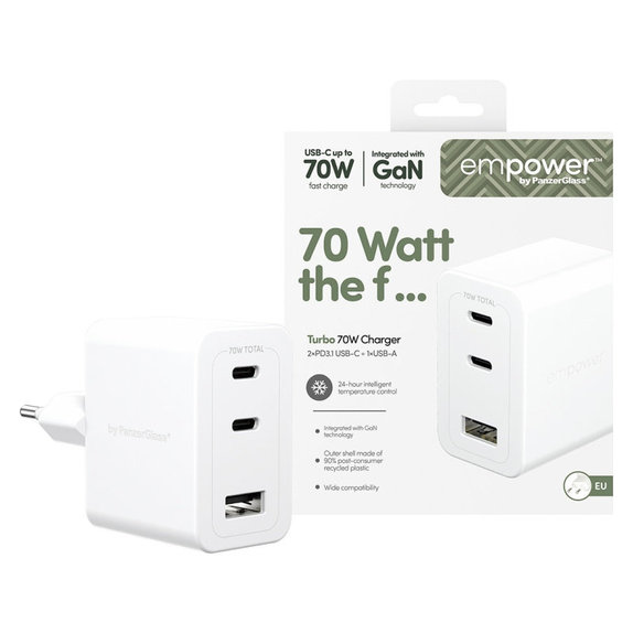Adapter podróżny Grand Prix 2x USB-C/USB-A, GaN, 70 W PD, Srebrno-biały, PanzerGlass