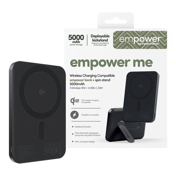 Bezprzewodowy PowerBank 5000 mAh z obrotową podstawką, 20 W, kompatybilny z MagSafe, Qi2/USB-C, Space Black, empower
