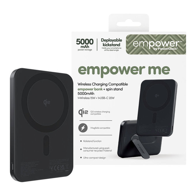 Bezprzewodowy PowerBank 5000 mAh z obrotową podstawką, 20 W, kompatybilny z MagSafe, Qi2/USB-C, Space Black, empower