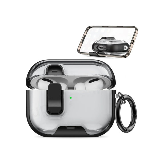 Etui silikonowe z podstawką na telefon i karabińczykiem do AirPods Pro 3, Czarny, Black