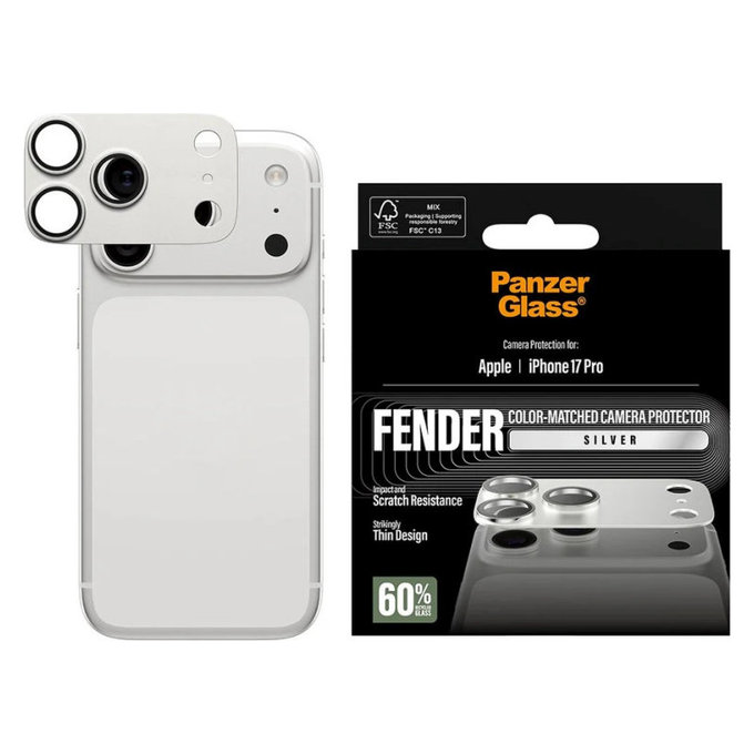 Pierścienie ochronne obiektywu kamery Fender do iPhone 17 Pro, Srebrny, PanzerGlass