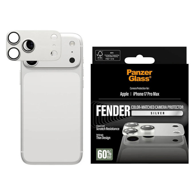 Pierścienie ochronne obiektywu kamery Fender do iPhone 17 Pro Max, Srebrny, PanzerGlass