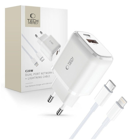 Ładowarka sieciowa C20W 2-PORT PD 20W / QC3.0 + Lightning Cable, biała, Tech-Protect