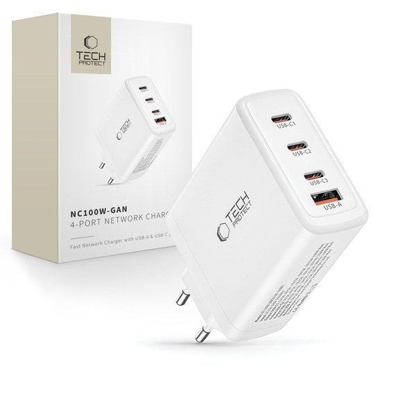 Ładowarka sieciowa NC100W-GAN 4-PORT PD 100W / QC3.0, biała, Tech-Protect