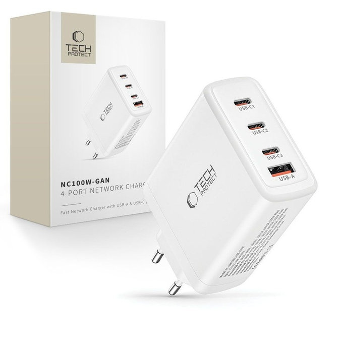 Ładowarka sieciowa NC100W-GAN 4-PORT PD 100W / QC3.0, biała, Tech-Protect