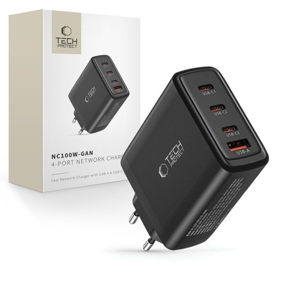 Ładowarka sieciowa NC100W-GAN 4-PORT PD 100W / QC3.0, czarna, Tech-Protect