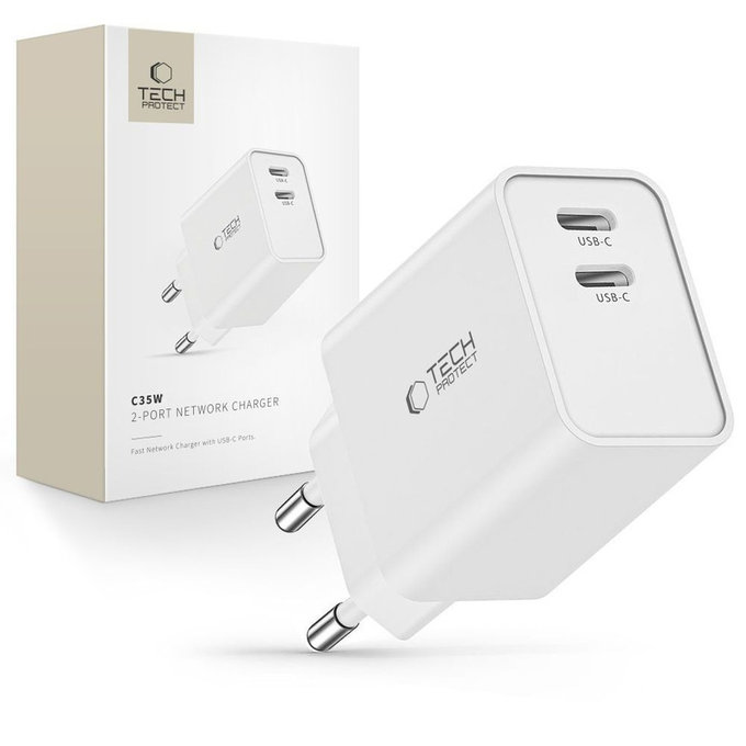 Ładowarka sieciowa C35W 2-PORT PD 35W, biała, Tech-Protect