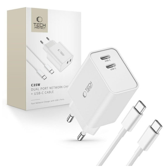 Ładowarka sieciowa C35W 2-PORT PD 35W + USB-C Cable, biała, Tech-Protect