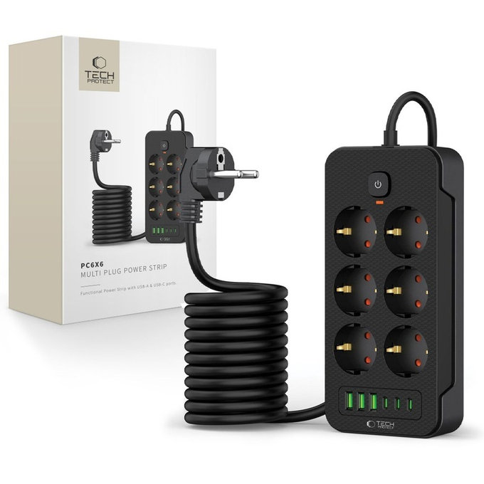 Ładowarka sieciowa PC6X6 Power Strip 3 USB & 3 USB-C & 6 Socket 200cm, czarna, Tech-Protect