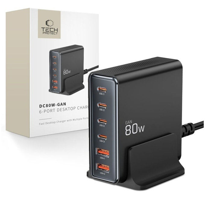 Ładowarka sieciowa DC80W-GAN 6-PORT PD 80W / QC3.0, czarna, Tech-Protect