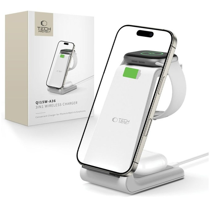 Ładowarka bezprzewodowa QI15W-A36 3IN1 for Apple, biała, Tech-Protect